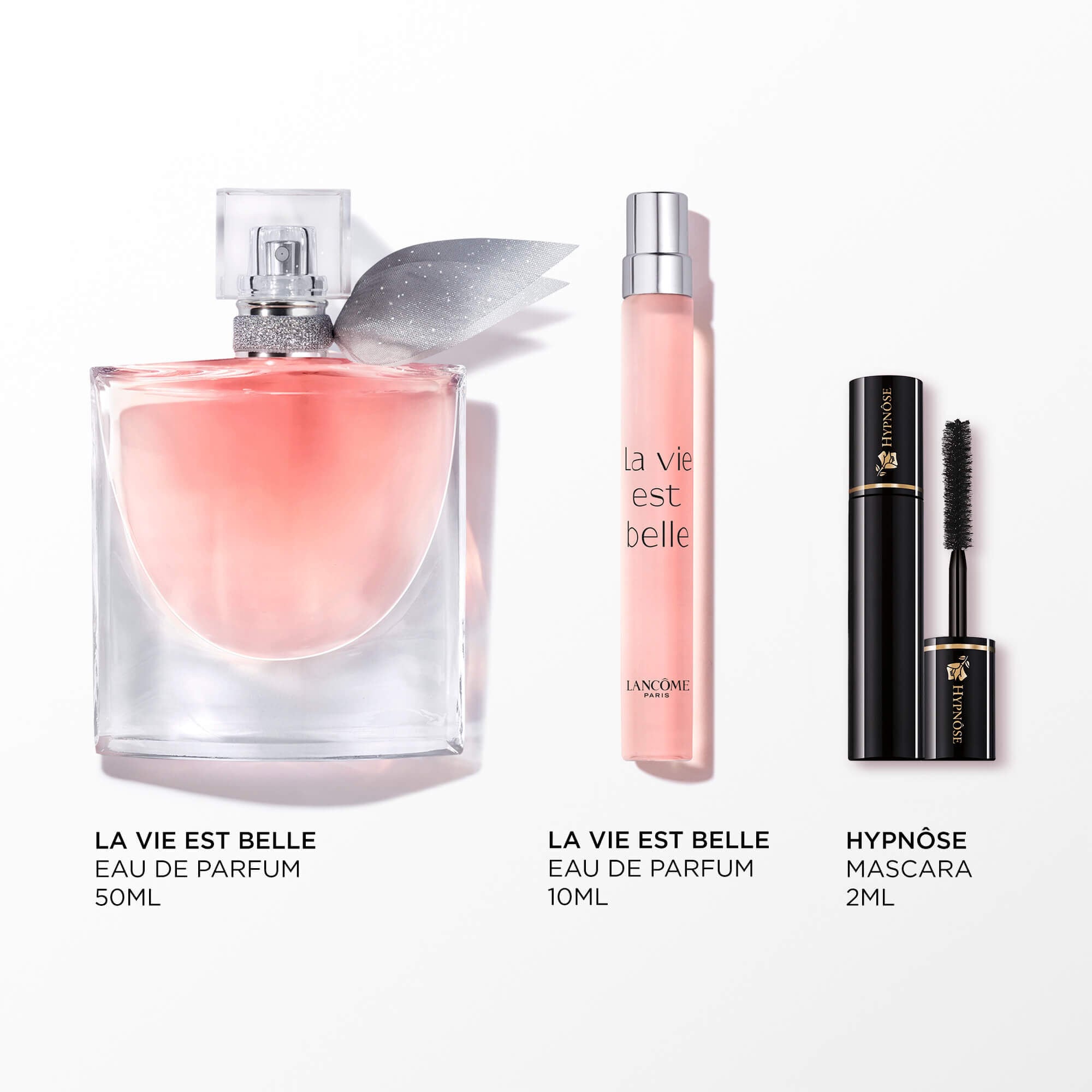 Image of the following products on a white background: LA VIE EST BELLE EDP 50ML - LA VIE EST BELLE EDP 10ML - HYPNOSE MASCARA MINI 2ML